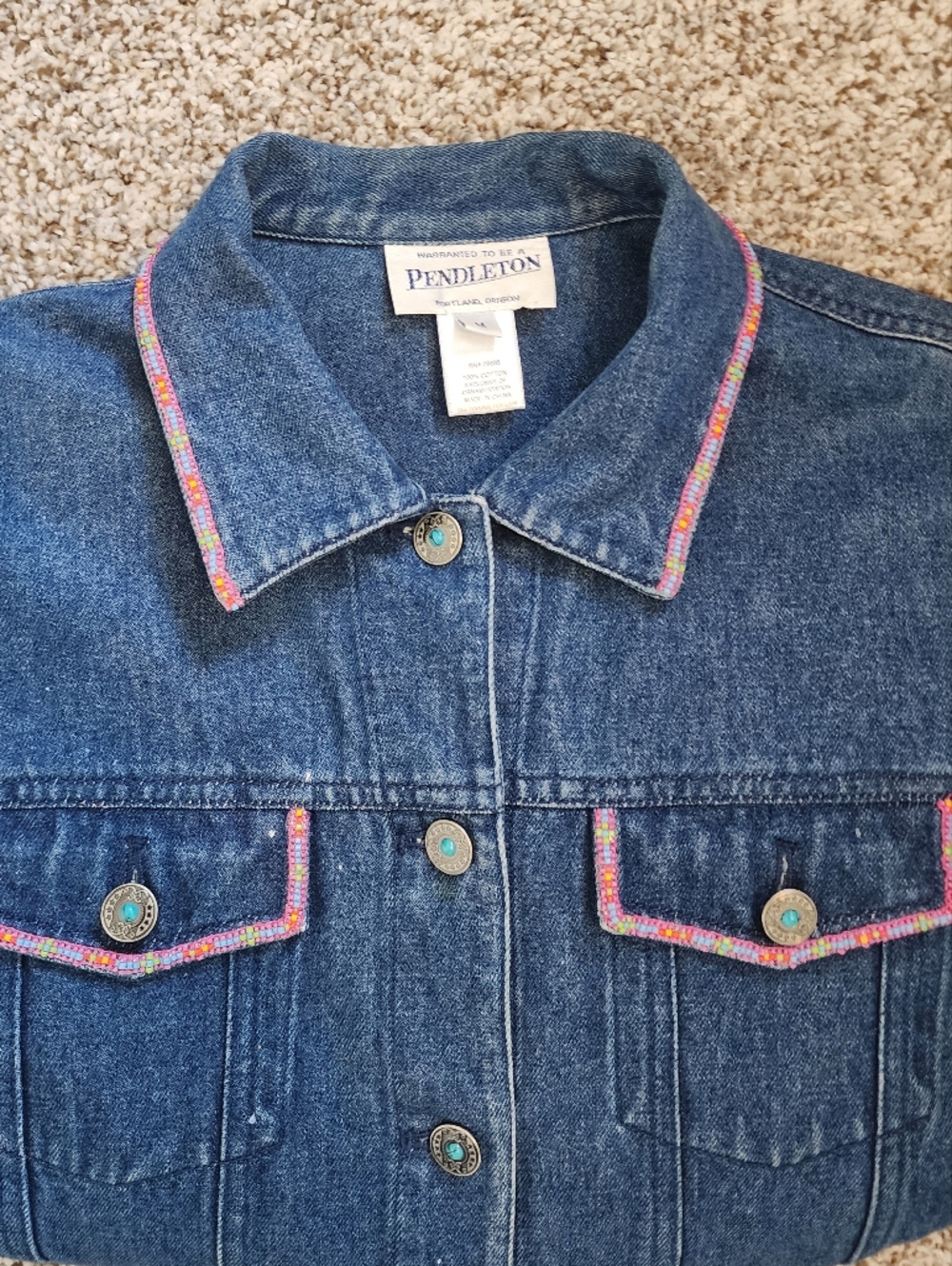 ✨️Vtg PENDLETON Western Denim Jacket Sz M Southwestern Beaded Trim Turquoise M